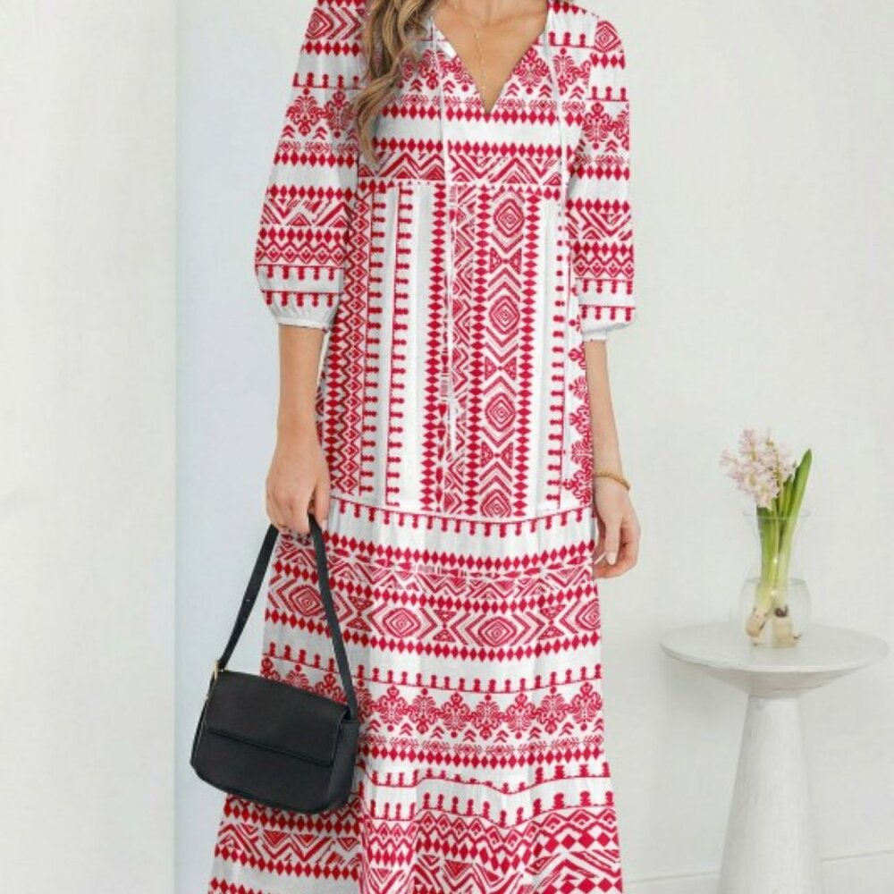 Boho Tied V-Neck 3/4 Sleeve Maxi Dress Red and White